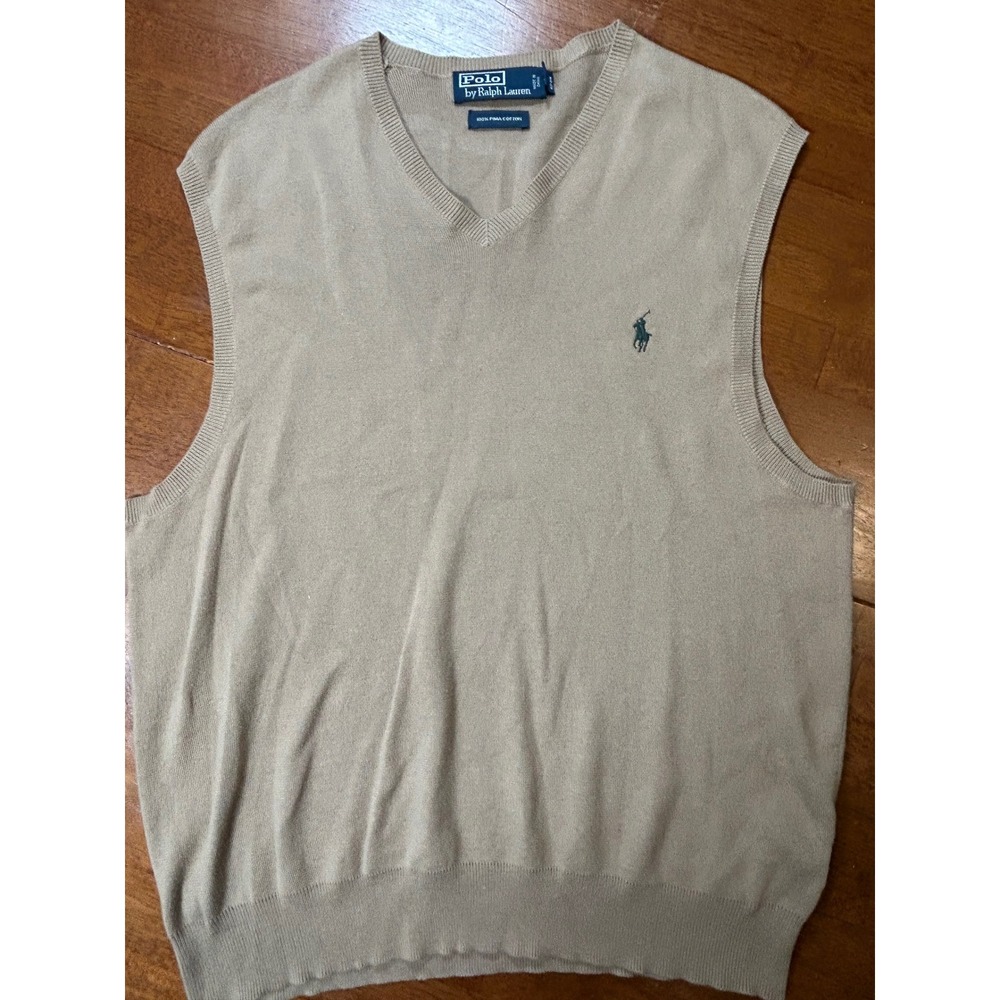 Polo Ralph Lauren Sweater Vest Mens L Tan Beige 100% Pima Cotton VNeck Pony Logo